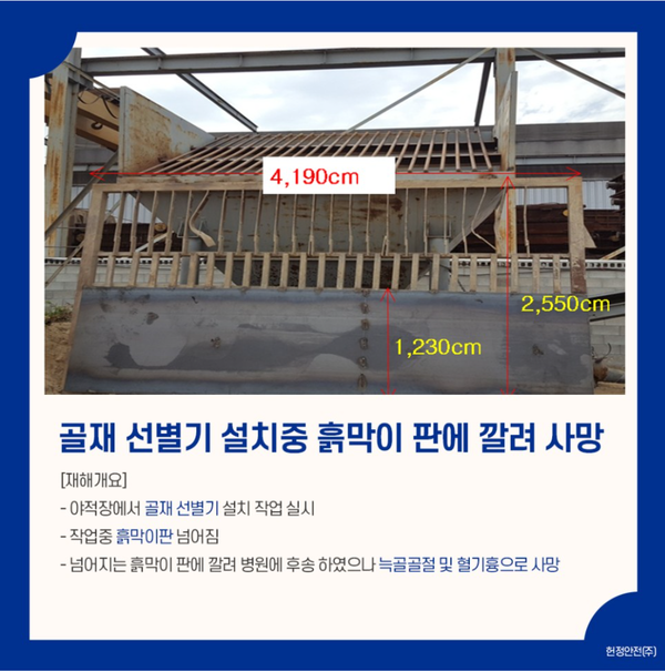 골재 선별기 설치 작업 중 넘어지는 흙막이판에 깔림 사망사고